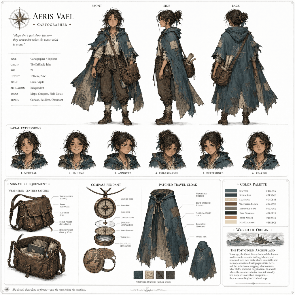 Cartographer character reference sheet generated with ChatGPT Images 2.0