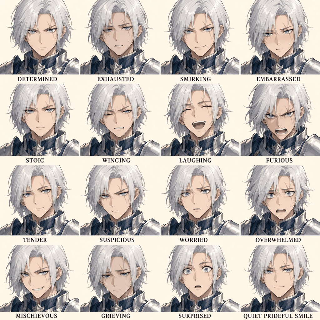 16-panel fantasy knight expression grid generated with ChatGPT Images 2.0