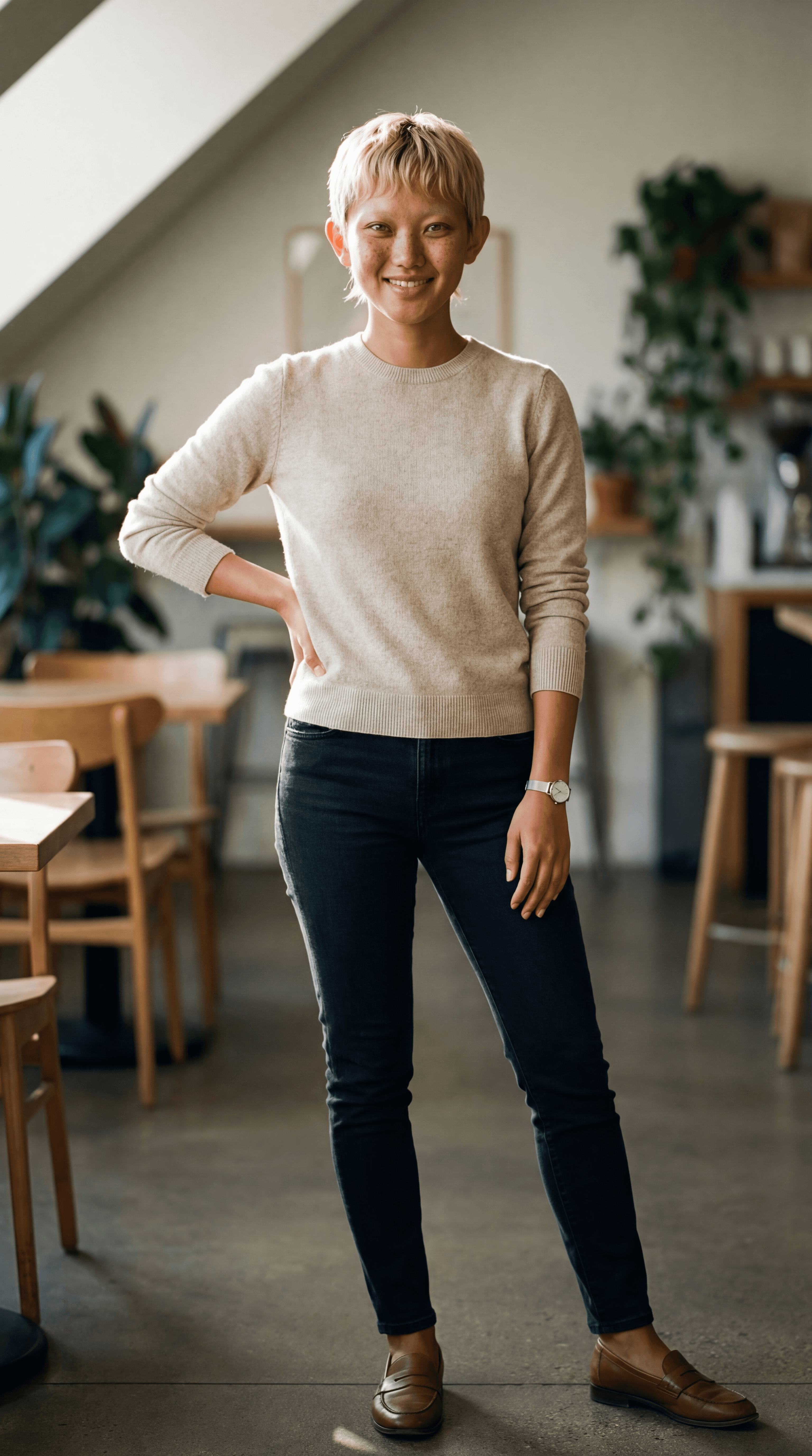 Generated AI influencer image showing a woman with a pixie cut in a beige sweater and dark jeans, standing in a bright cafe setting