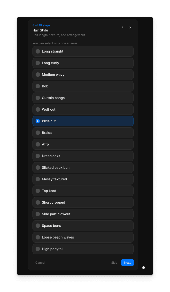 Hair Style selection showing an extensive list of radio buttons including Long straight, Long curly, Medium wavy, Bob, Pixie cut, Braids, Afro, and many more options