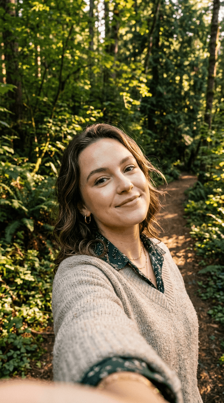 Woman with wavy brown hair taking a selfie on a forest trail, wearing a beige knit sweater