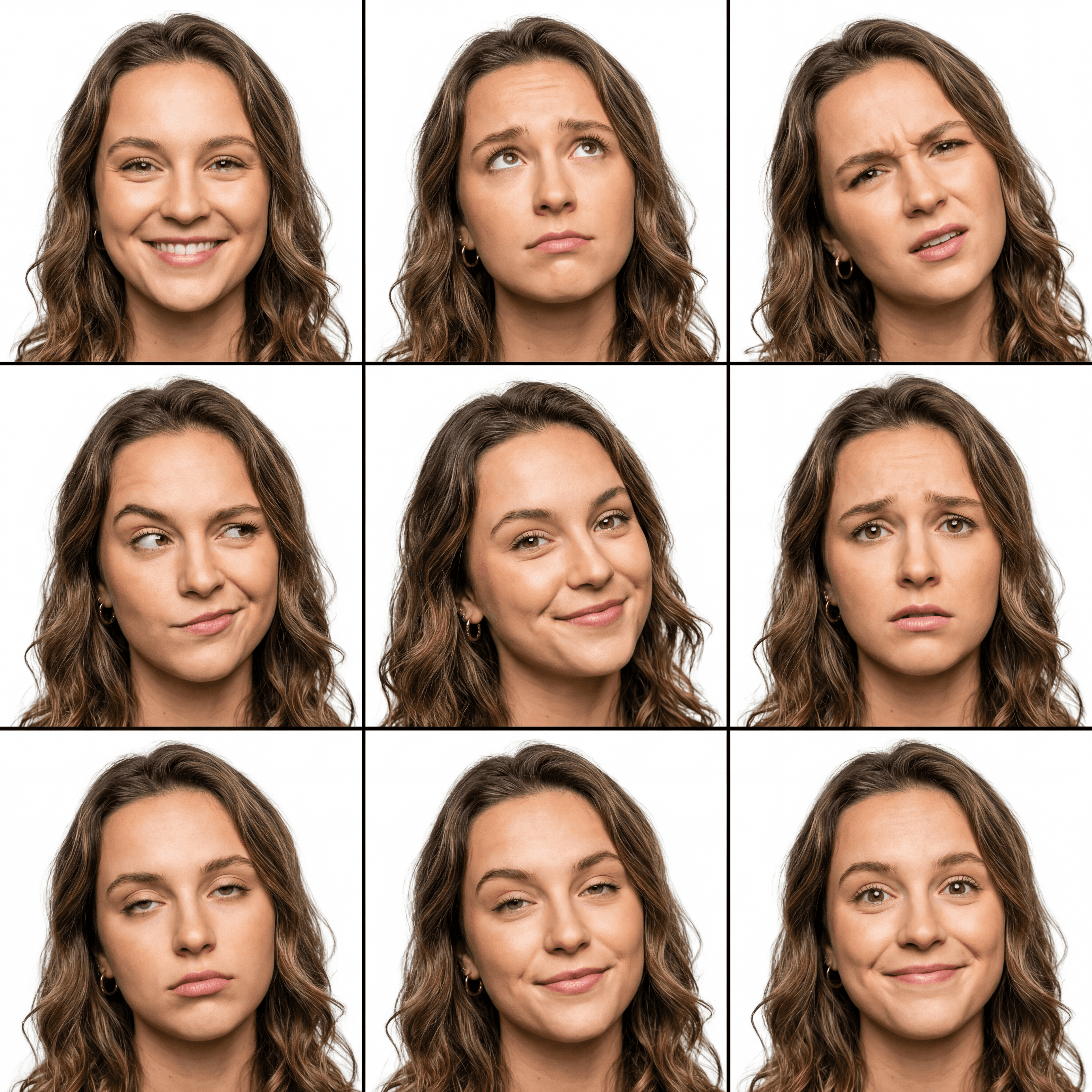 Generated expression sheet showing nine distinct facial expressions of the same woman arranged in a 3x3 grid on white backgrounds, displaying a range from smiling to concerned to contemplative
