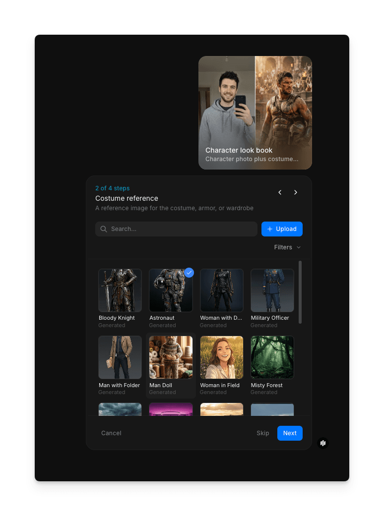 Costume reference step showing a searchable gallery of costume and character reference images with an Upload button