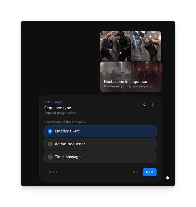 Sequence type selection showing radio buttons for Emotional-arc, Action-sequence, and Time-passage