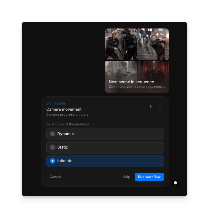 Camera movement selection showing radio buttons for Dynamic, Static, and Intimate with a Run workflow button