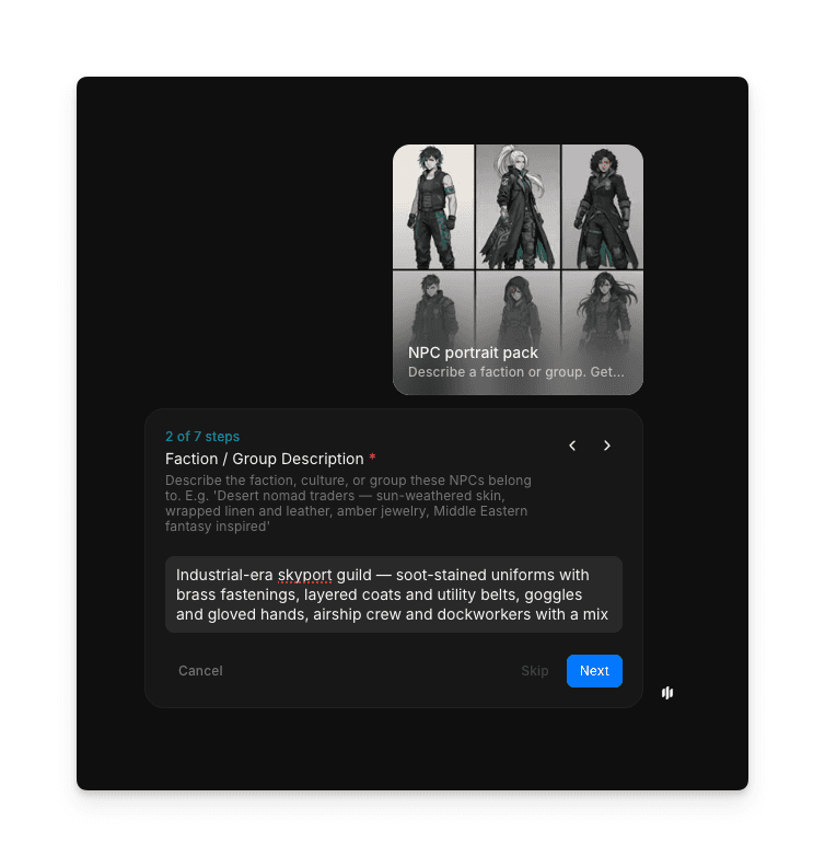 Faction / Group Description step showing a text area with a detailed faction description
