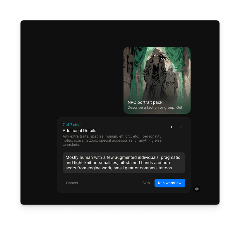 Additional Details step showing a text area for extra character notes with a Run workflow button