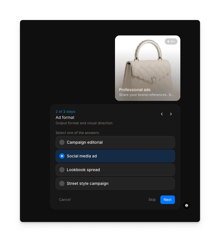 Ad format selection showing radio buttons for Campaign editorial, Social media ad, Lookbook spread, and Street style campaign