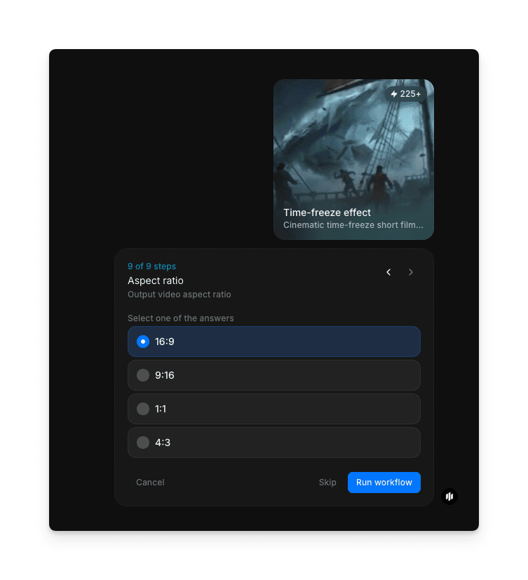 Time-freeze effect workflow step 9 showing the aspect ratio selector with 16:9, 9:16, 1:1, and 4:3 options and a Run workflow button