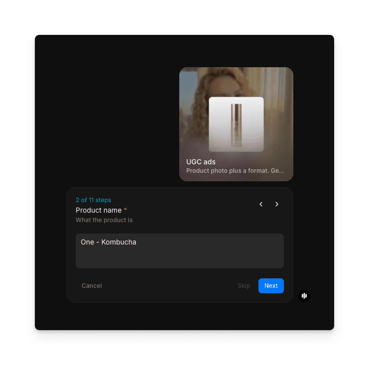 Product name step showing a text field with 'One – Kombucha' entered