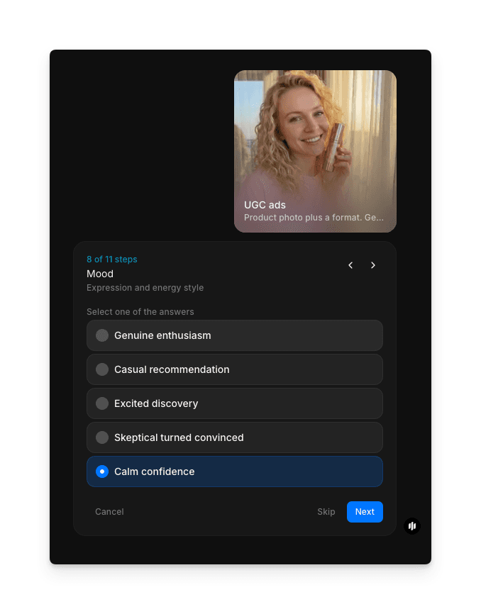 Mood selection showing radio buttons for Genuine enthusiasm, Casual recommendation, Excited discovery, Skeptical turned convinced, and Calm confidence