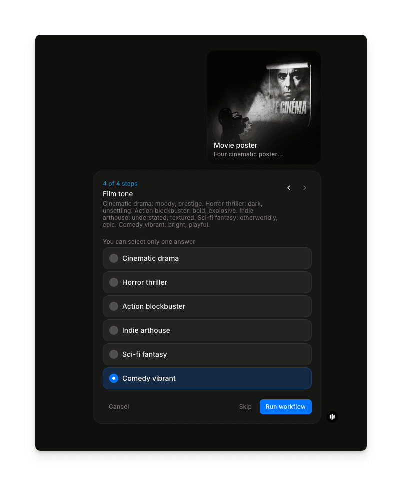 Movie poster workflow step 4 showing Film tone selection with radio buttons for Cinematic drama, Horror thriller, Action blockbuster, Indie arthouse, Sci-fi fantasy, and Comedy vibrant