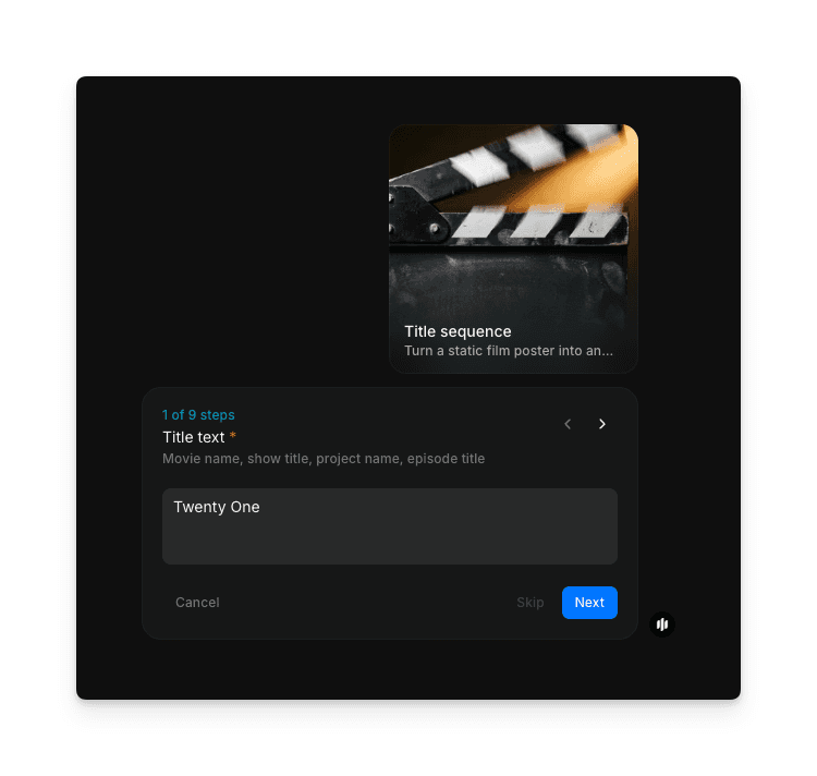 Title sequence workflow step 1 showing the Title text field with 'Twenty One' entered