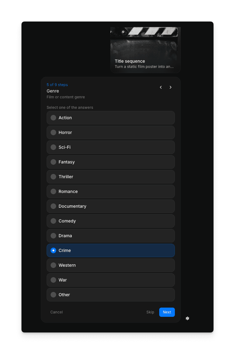 Genre selection showing radio buttons for Action, Horror, Sci-Fi, Fantasy, Thriller, Romance, Documentary, Comedy, Drama, Crime, Western, War, and Other