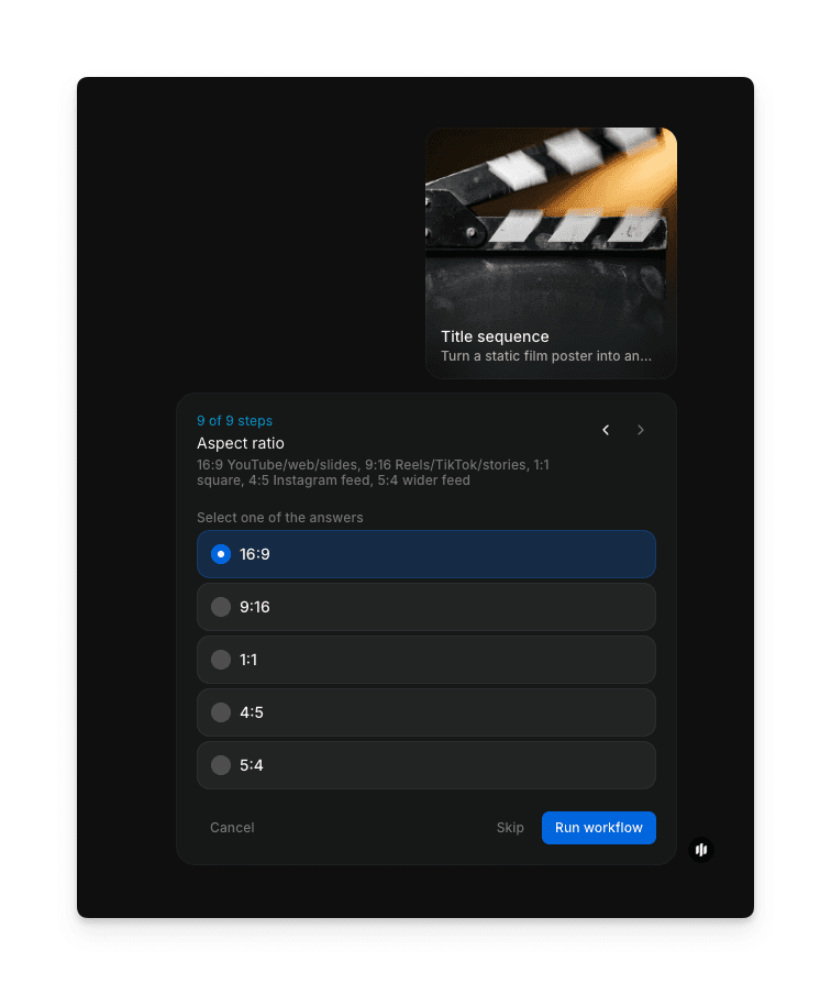 Aspect ratio selection showing radio buttons for 16:9, 9:16, 1:1, 4:5, and 5:4 with a Run workflow button