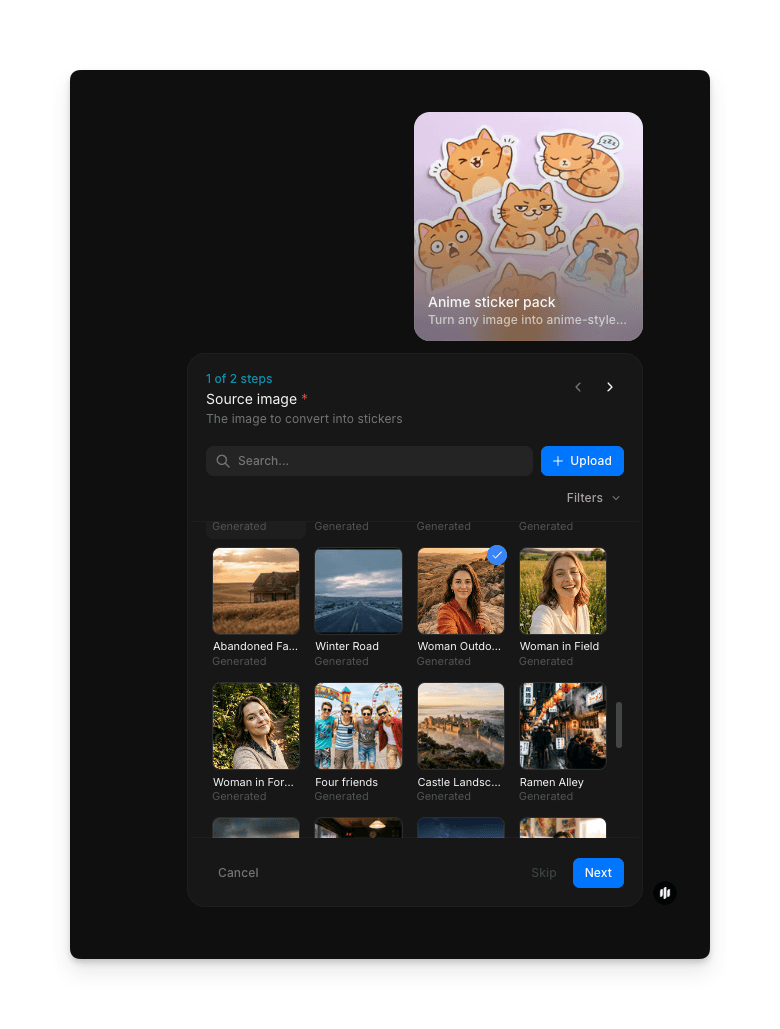 Anime sticker pack workflow step 1 showing the Source image field with a searchable gallery and an Upload button