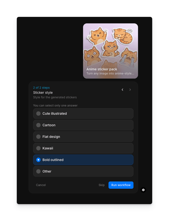 Sticker style selection showing radio buttons for Cute illustrated, Cartoon, Flat design, Kawaii, Bold outlined, and Other with a Run workflow button