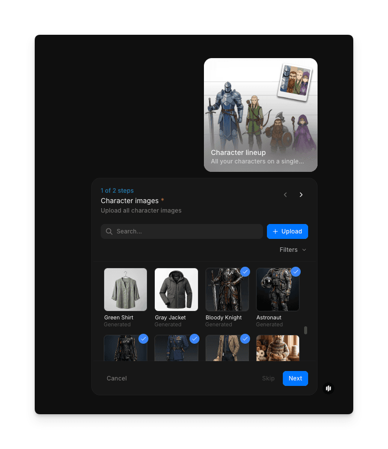 Character lineup workflow step 1 showing the Character images field with a searchable gallery of character references and an Upload button