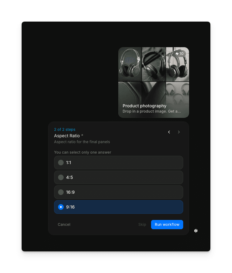 Aspect Ratio selection showing radio buttons for 1:1, 4:5, 16:9, and 9:16 with a Run workflow button