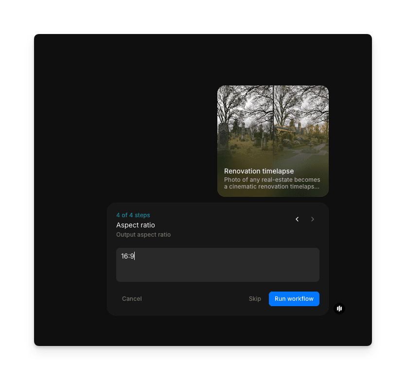 Aspect ratio text field showing 16:9 in Morphic's renovation timelapse workflow