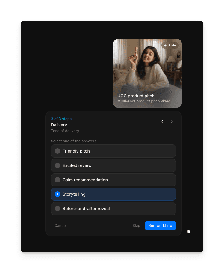 Delivery selection showing radio buttons for friendly pitch, excited review, calm recommendation, storytelling, and before-and-after reveal