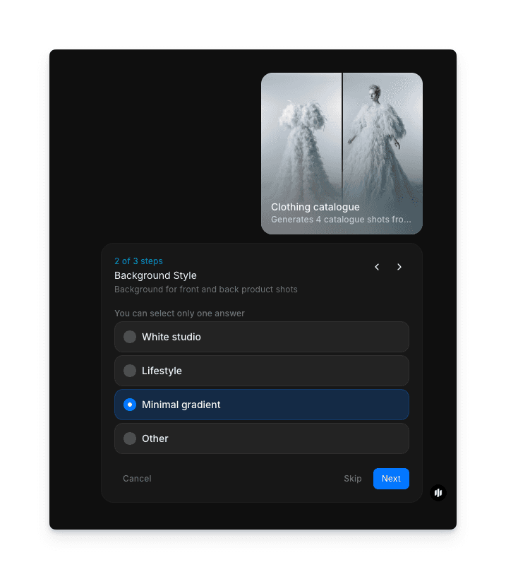 Background Style selection showing radio buttons for White studio, Lifestyle, Minimal gradient, and Other