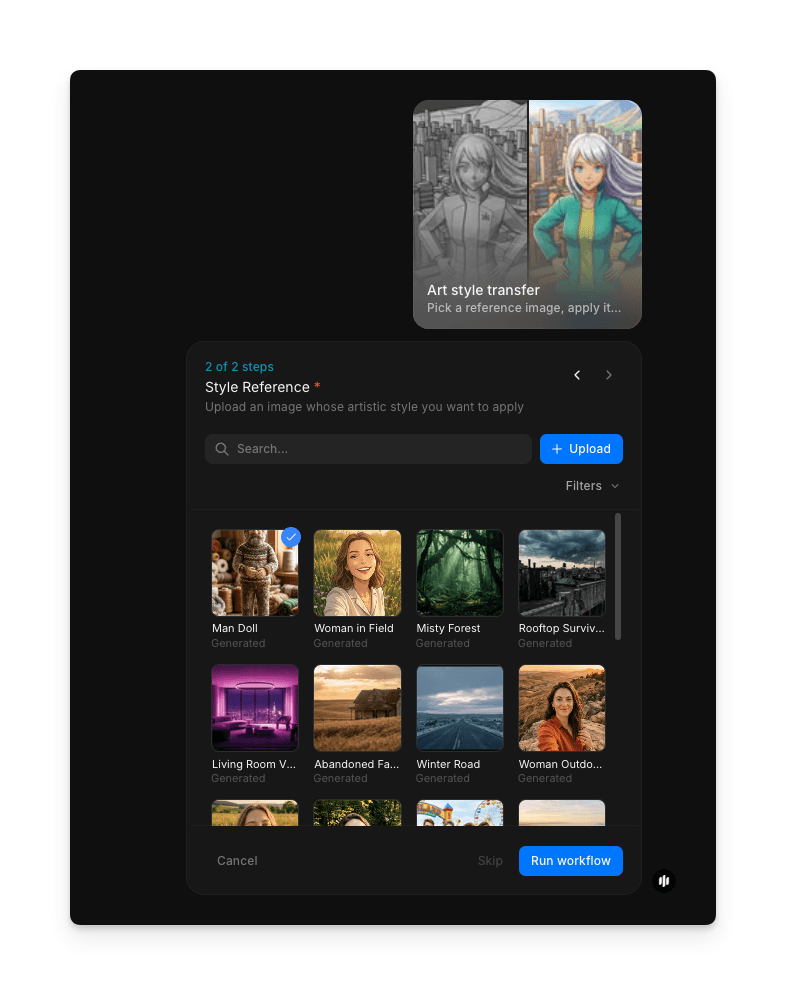 Style Reference step showing a searchable gallery with Upload and Run workflow buttons