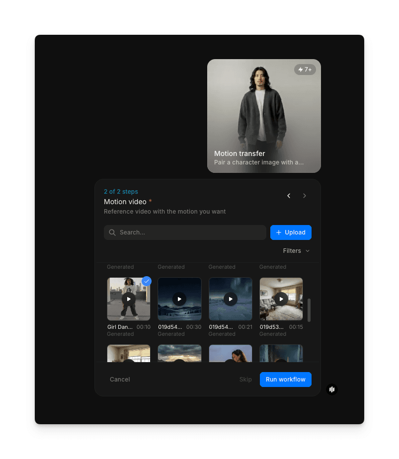Motion video step showing a searchable gallery of video clips with Upload and Run workflow buttons
