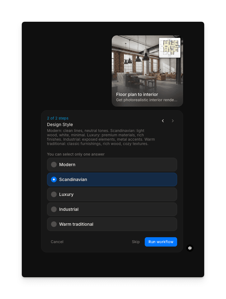 Design Style selection showing checkboxes for Modern, Scandinavian, Luxury, Industrial, and Warm traditional with a Run workflow button