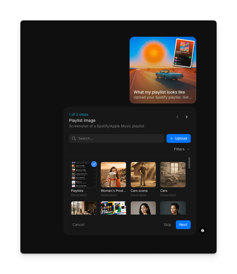 What my playlist looks like workflow step 1 showing the Playlist image field with a searchable gallery and an Upload button