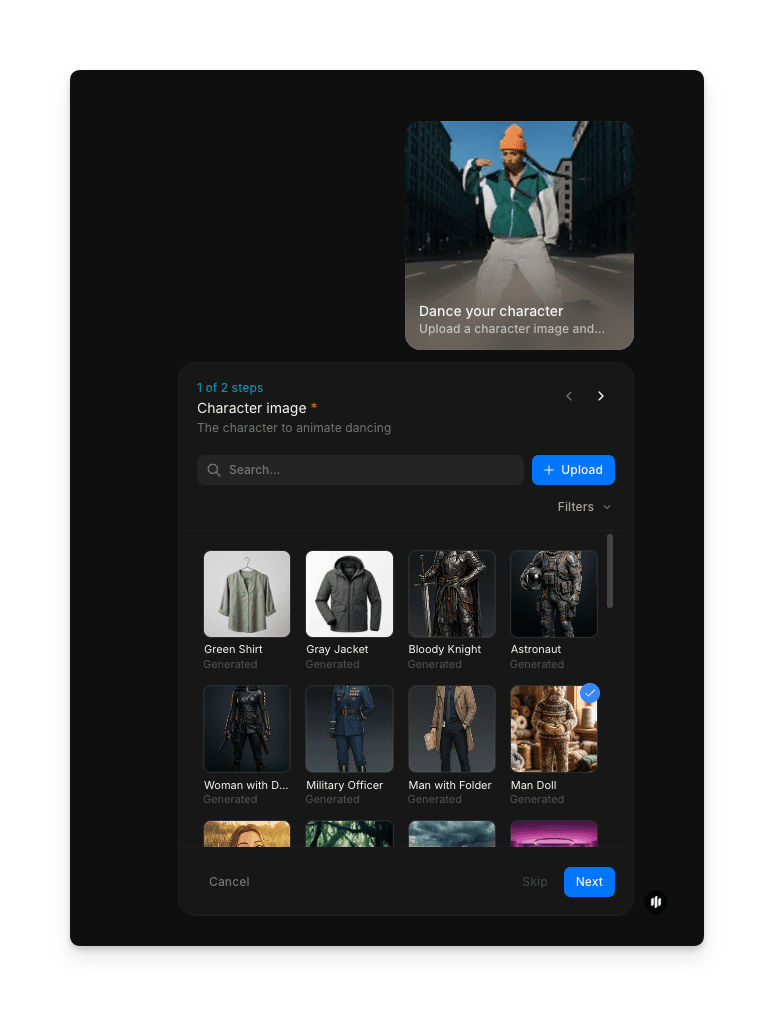 Dance your character workflow step 1 showing the Character image field with a searchable gallery of character images and an Upload button