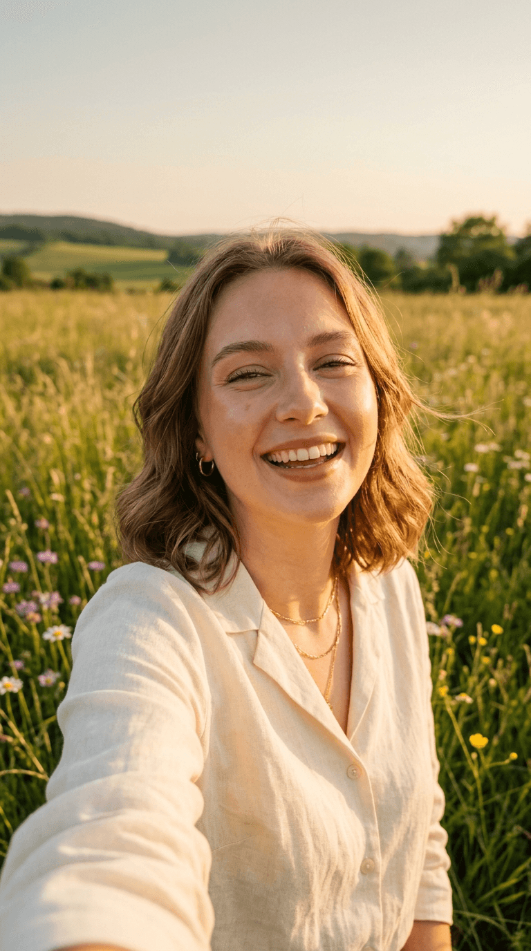 Smiling woman in a white linen shirt standing in a sunlit wildflower meadow
