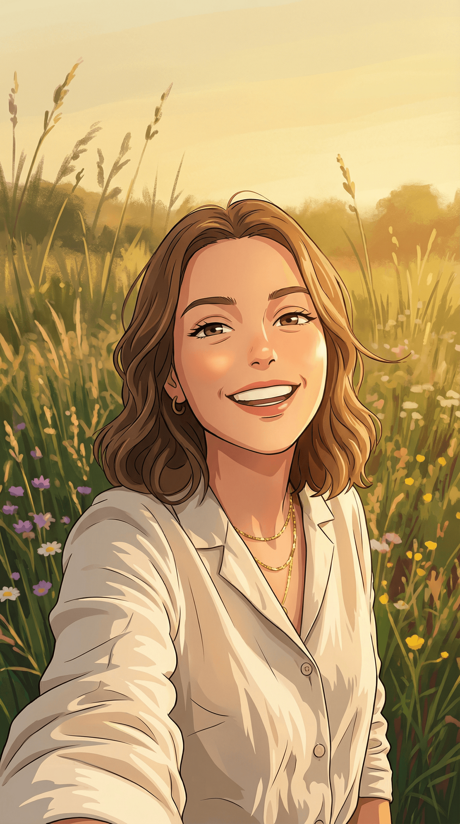 Same woman rendered in anime illustration style with warm tones, soft line work, and stylized meadow background