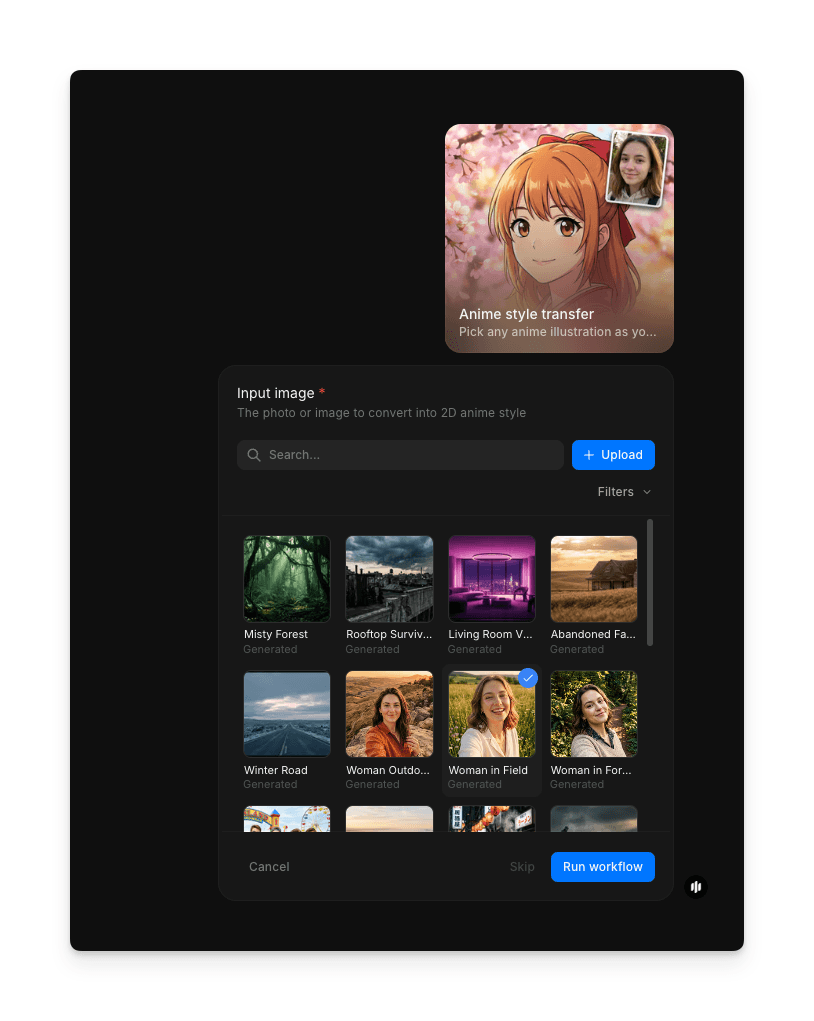 Anime style transfer workflow showing the Input image field with a searchable gallery of photos and a Run workflow button