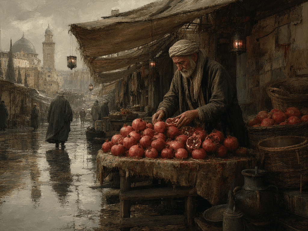 Matte painting style wide shot of an elderly vendor arranging pomegranates at a market stall