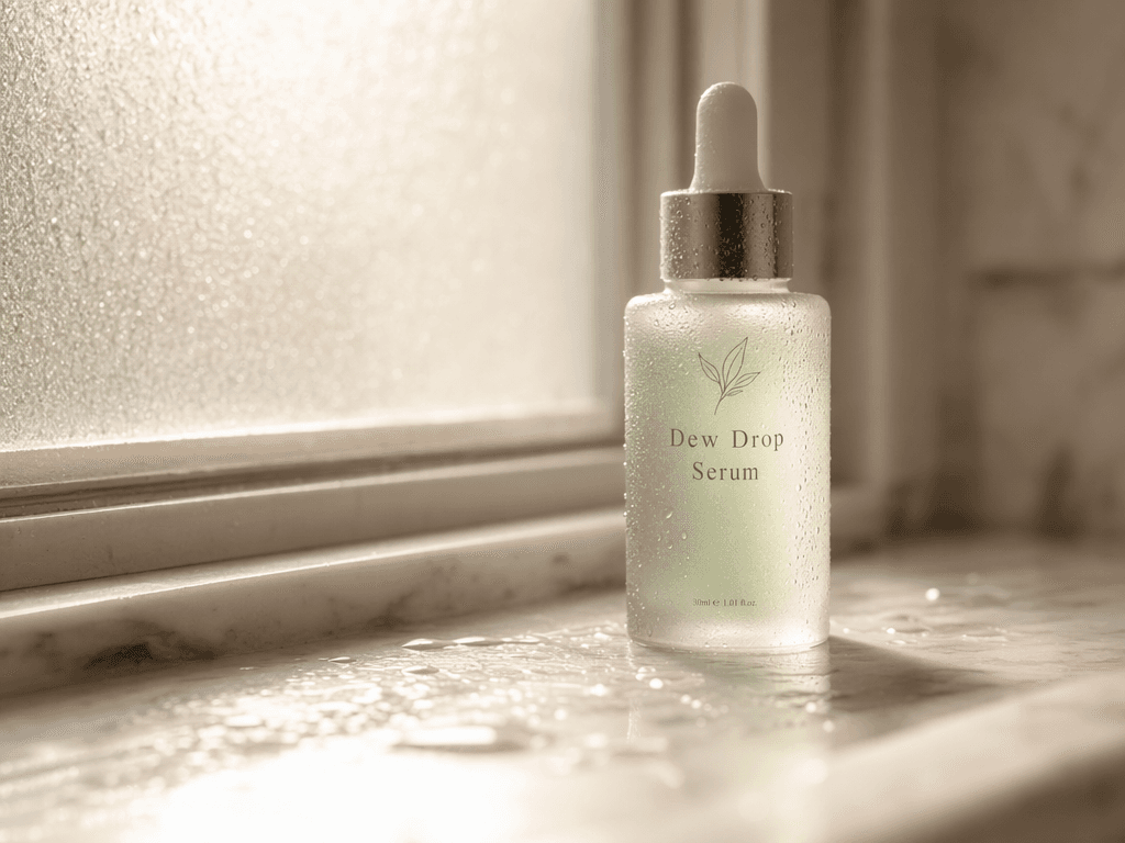 Skincare bottle labeled Dew Drop Serum on a marble bathroom countertop with frosted glass window