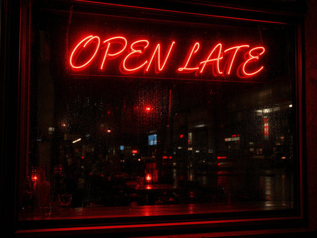 Glowing red neon sign reading OPEN LATE above a window in cursive lettering