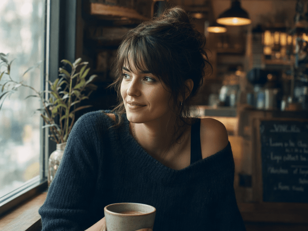 Portrait of a woman by a cafe window with soft natural daylight and warm tungsten fill