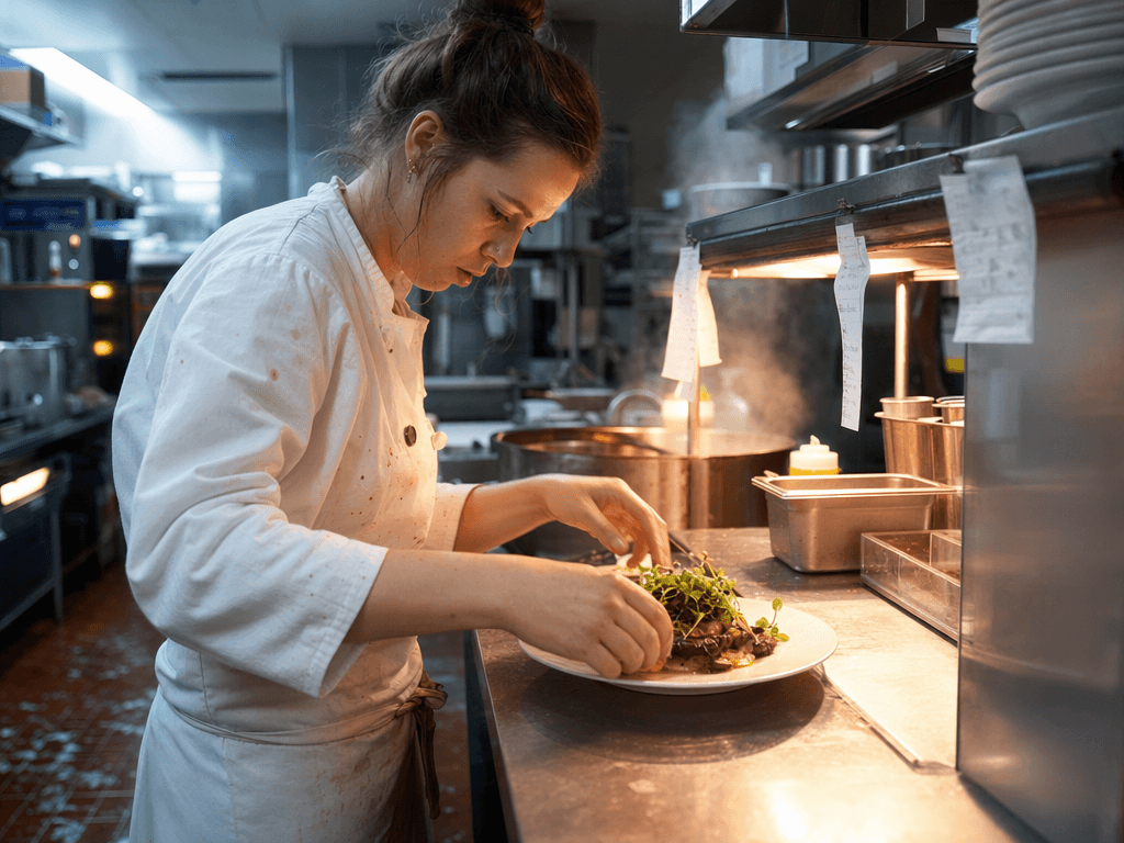 Photorealistic candid shot of a female chef plating a dish at a steel pass in a restaurant kitchen
