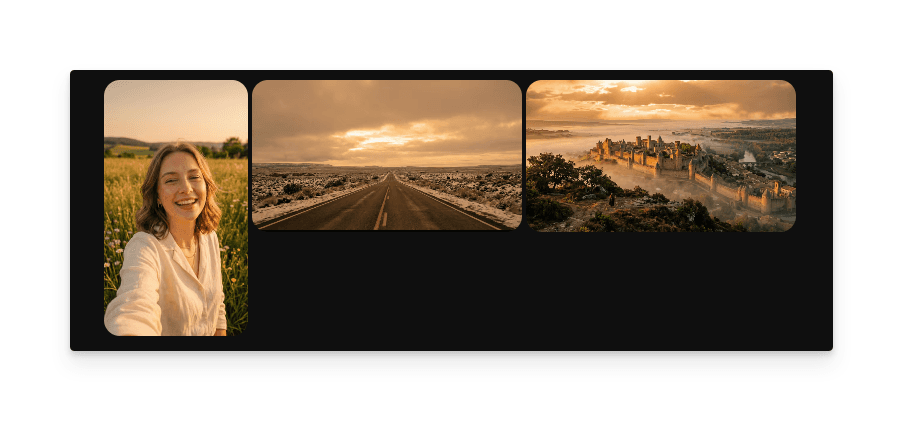 Three color-graded results displayed side by side: a portrait, a vineyard landscape, and a city skyline, all sharing a warm cinematic tone