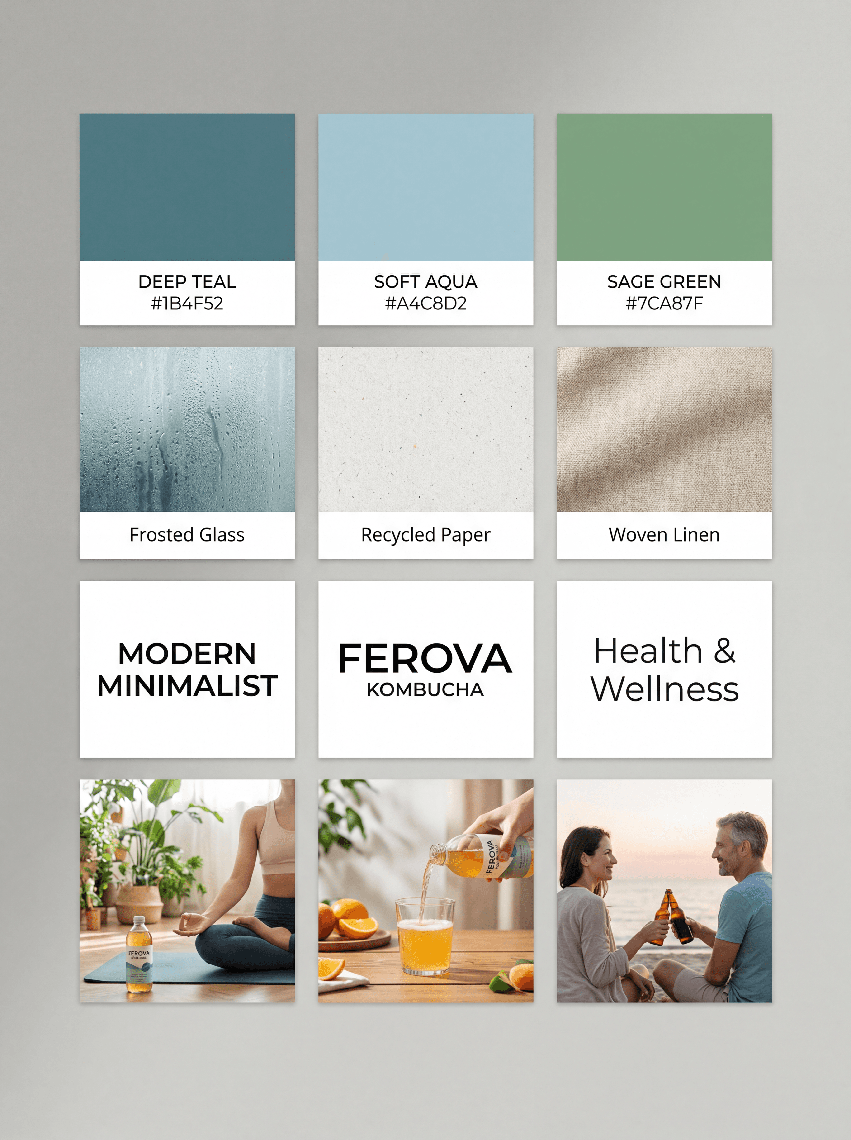 Ferova brand mood board showing a 3x4 grid with Deep Teal, Soft Aqua, and Sage Green color swatches with hex codes, texture references for Frosted Glass, Recycled Paper, and Woven Linen, typography samples, and lifestyle imagery