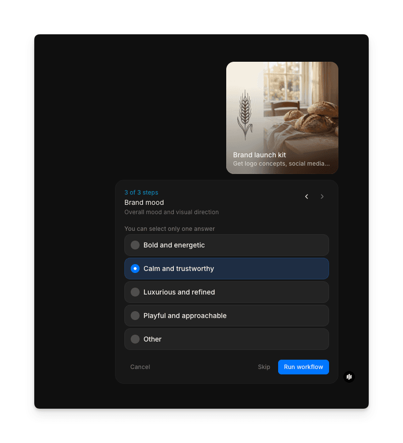 Brand mood selection showing radio buttons for Bold and energetic, Calm and trustworthy, Luxurious and refined, Playful and approachable, and Other with a Run workflow button