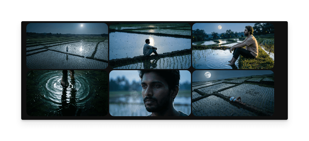 Generated six-panel cinematic storyboard showing a moonlit paddy field scene with varied shot angles including wide landscape, medium shots, a close-up portrait, and atmospheric compositions in cool blue tones