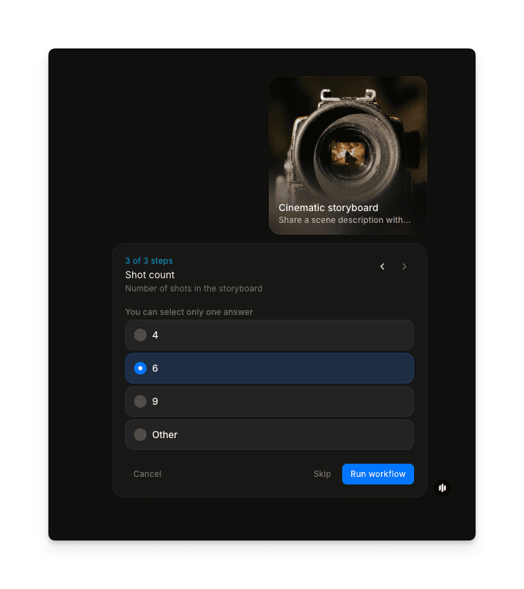 Shot count selection showing radio buttons for 4, 6, 9, and Other with a Run workflow button