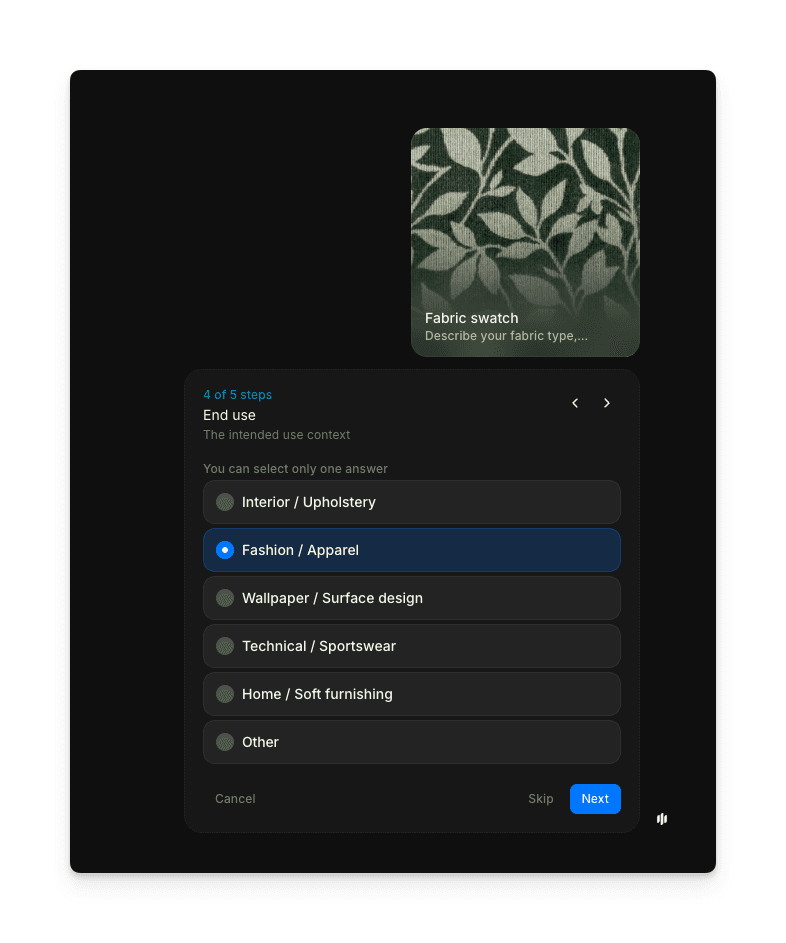 End use selection showing radio buttons for Interior / Upholstery, Fashion / Apparel, Wallpaper / Surface design, Technical / Sportswear, Home / Soft furnishing, and Other