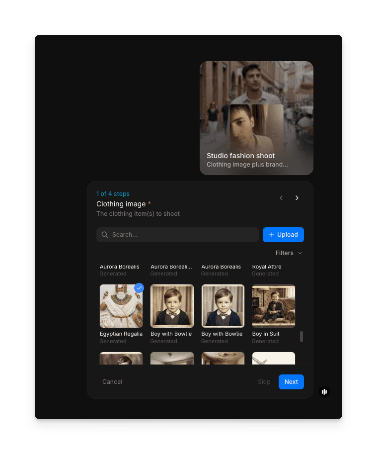Studio fashion shoot workflow step 1 showing the Clothing image field with a searchable gallery and Upload button