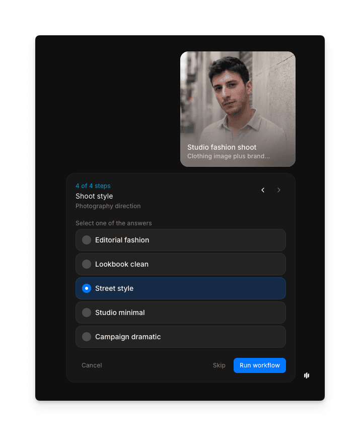 Shoot style selection showing radio buttons for Editorial fashion, Lookbook clean, Street style, Studio minimal, and Campaign dramatic with a Run workflow button