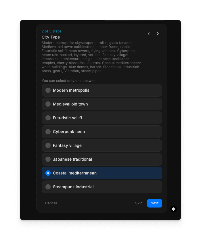 City Type selection showing radio buttons for Modern metropolis, Medieval old town, Futuristic sci-fi, Cyberpunk neon, Fantasy village, Japanese traditional, Coastal mediterranean, and Steampunk industrial