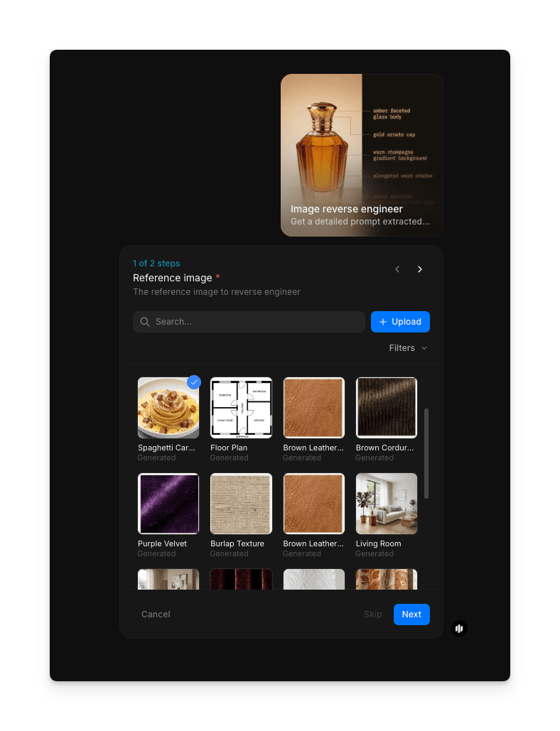 Image reverse engineer workflow step 1 showing the Reference image field with a searchable gallery of images and an Upload button