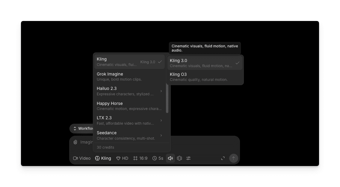 Selecting Kling 3.0 or Kling O3 from the model dropdown in Morphic